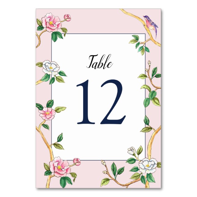 Elegant Chinoiserie Floral Pink  Table Number (Front)