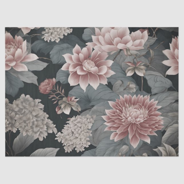 Elegant Chinoiserie Florals Grey Raspberry Tissue Paper (Front)