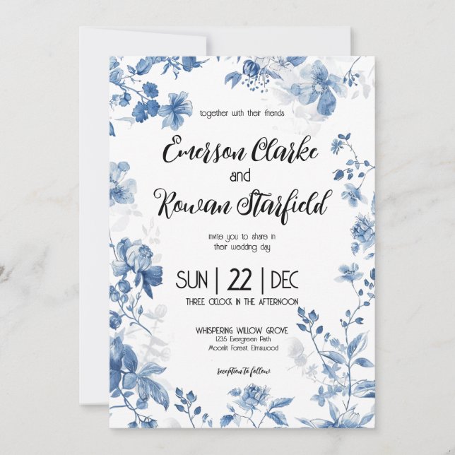 Elegant Chinoiserie French Blue Toile Floral Invitation (Front)