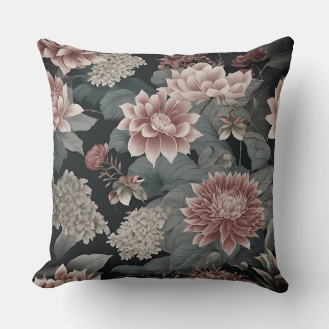 Elegant Chinoiserie Grey and Raspberry Florals  Cushion (Front)