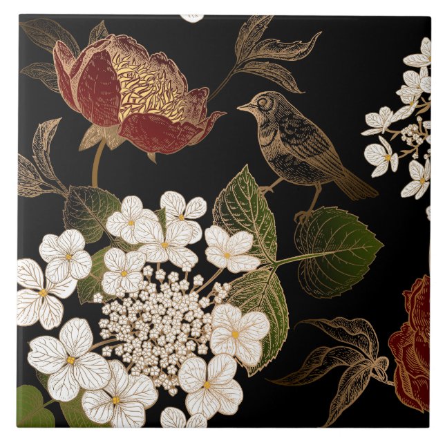 Elegant Chinoiserie Inspired Floral Blooms        Tile (Front)