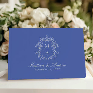 Elegant Chinoiserie Monogram Crest Blue Wedding Guest Book