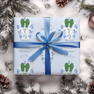 Elegant Chinoiserie Monogram Merry Christmas Wrapping Paper