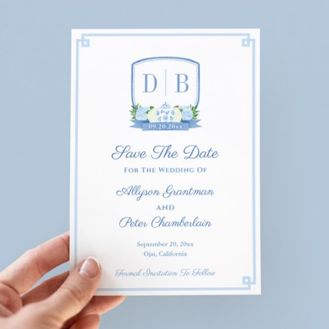 Elegant Chinoiserie Monogram Wedding Save The Date (Chinoiserie chic hand-painted blue and white monogram wedding crest save the date)