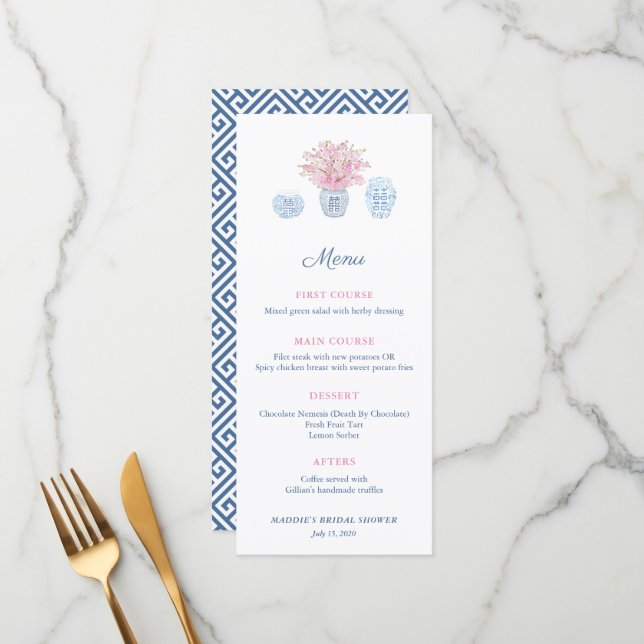 Elegant Chinoiserie Navy & Pink Bridal Shower Menu (Front/Back In Situ)