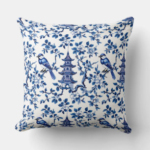 Elegant Chinoiserie Pagoda and Birds Cushion