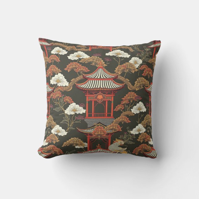 Elegant Chinoiserie Pagoda Black Red Cushion (Front)