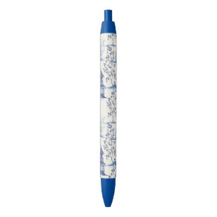 Elegant Chinoiserie Pagoda Trees Blue Black Ink Pen