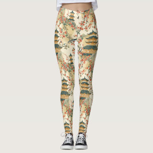 Elegant Chinoiserie - Pagodas, Blossoms, and Birds Leggings