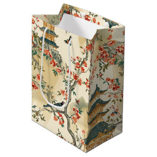 Elegant Chinoiserie - Pagodas, Blossoms, and Birds Medium Gift Bag