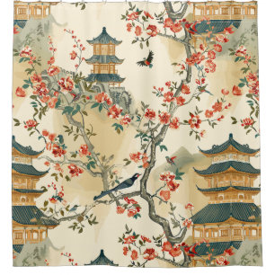Elegant Chinoiserie - Pagodas, Blossoms, and Birds Shower Curtain