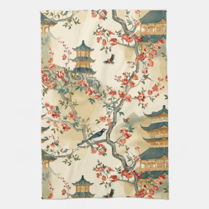 Elegant Chinoiserie - Pagodas, Blossoms, and Birds Tea Towel