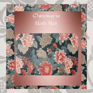 Elegant Chinoiserie Teal Peach Florals  Bath Mat