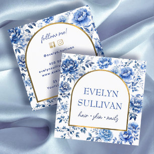 Elegant chionoiserie blue flowers square business card