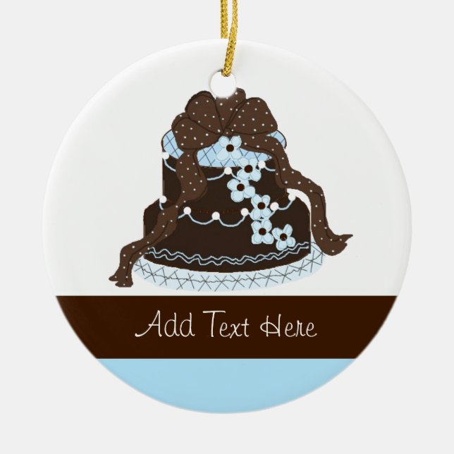 Elegant Chocolate and Blue Designer Cake Ceramic Tree Decoration (Front)