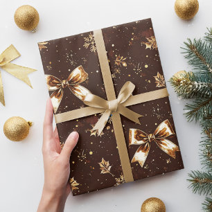Elegant Chocolate Brown Christmas Gold Bow Holiday Wrapping Paper