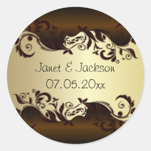 Elegant Chocolate Brown & Gold Floral Wedding Classic Round Sticker