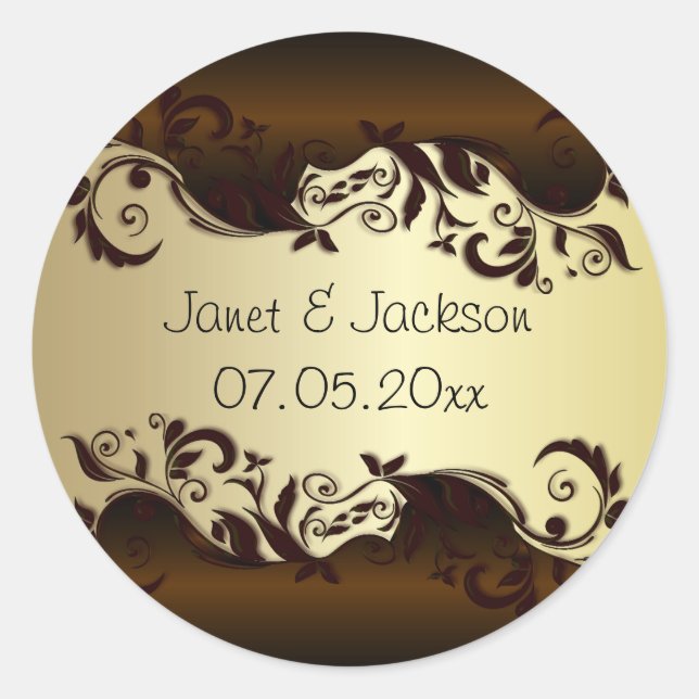 Elegant Chocolate Brown & Gold Floral Wedding Classic Round Sticker (Front)