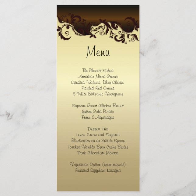 Elegant Chocolate Brown & Gold Floral Wedding Menu (Front)