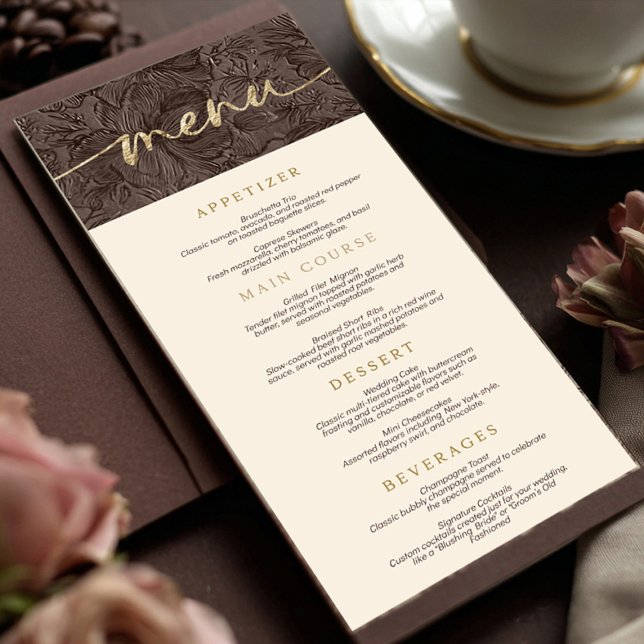 Elegant Chocolate Mocha Wedding Menu (Highlight your reception meal with this elegant chocolate mocha embossed floral menu card. Perfect f)