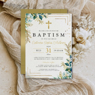 Elegant Christening Gold & Greenery Baptism  Invitation