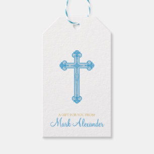 elegant CHRISTENING or BAPTISM blue cross favour Gift Tags
