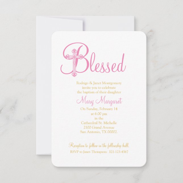 elegant CHRISTENING or BAPTISM pink gold cross Invitation (Front)