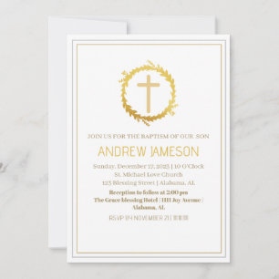 Elegant Christian Blue Gold Cross Baptism Invitation