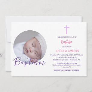 Elegant Christian Blue Round Photo Baptism Invitation