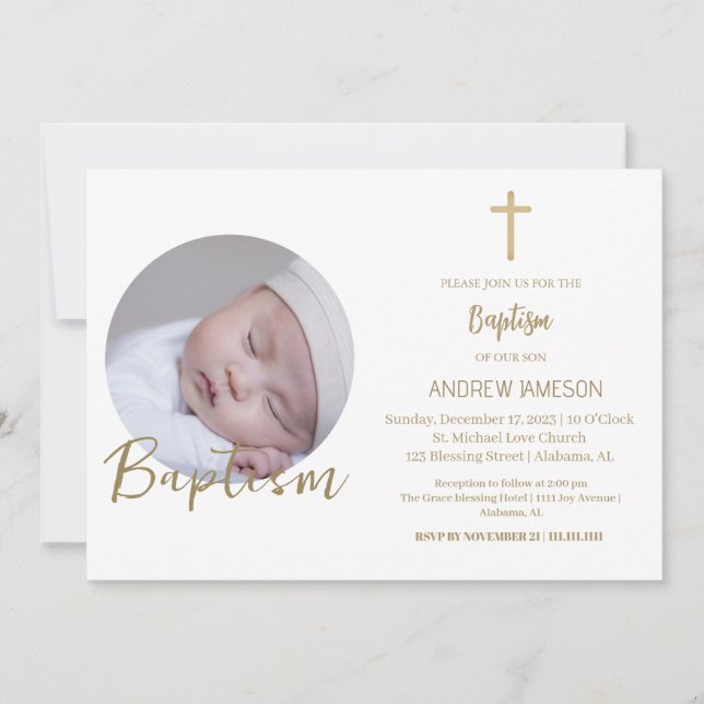 Elegant Christian Blue Round Photo  | Baptism Invitation (Front)