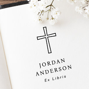 Elegant Christian cross name ex libris bookplate Rubber Stamp