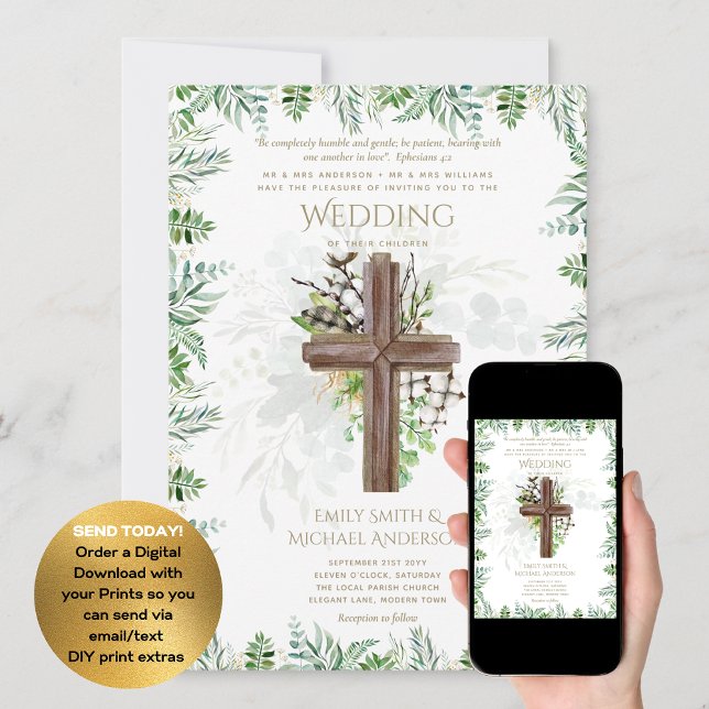 Elegant Christian Greenery Rustic Cross Wedding Invitation (Creator Uploaded)