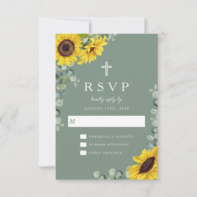 Elegant Christian Sage Green Sunflower Wedding RSVP Card (Front)