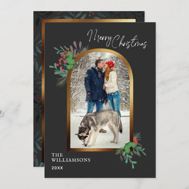 Elegant Christmas 1 photo arch botanical Holiday Card (Front/Back)