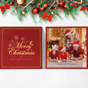 Elegant Christmas 1 Photo Red and Gold Script Card
