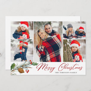 Elegant Christmas 5 Photo Collage Modern Greeting Holiday Card