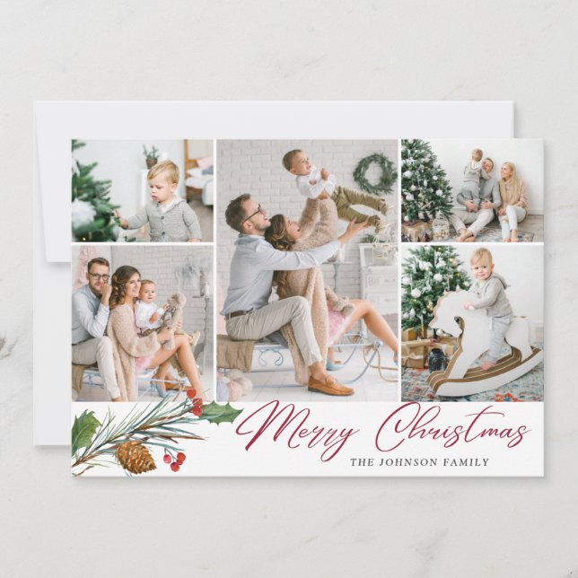 Elegant Christmas 5 Photo Collage Modern Greeting Holiday Card (Front)