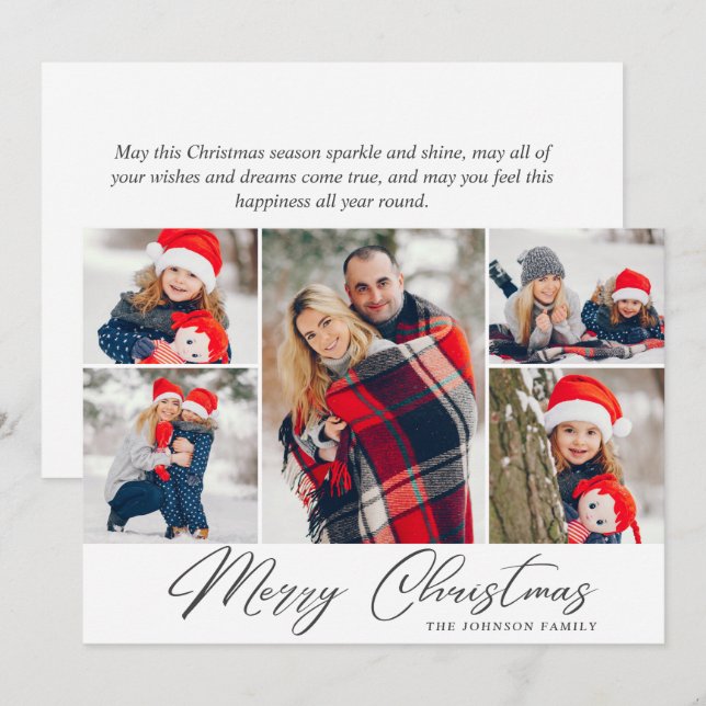 Elegant Christmas 5 Photo Collage Modern Greeting Holiday Card (Front/Back)