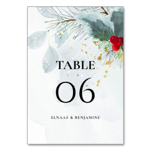 Elegant Christmas and Winter Watercolor Wedding Table Number
