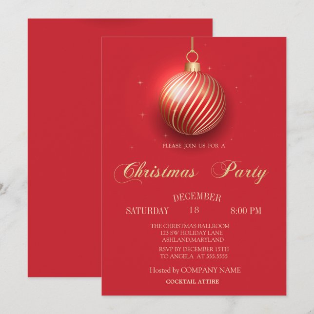 Elegant Christmas Ball Red Christmas Company Party Invitation (Front/Back)