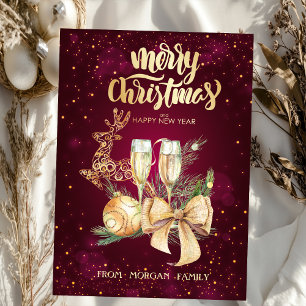 Elegant Christmas Ball,Reindeer,Wine Glass,Bow Holiday Card