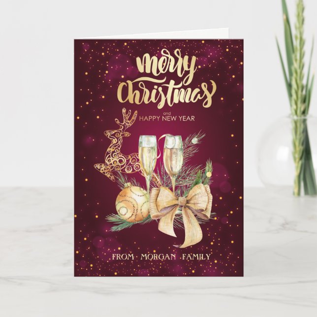 Elegant Christmas Ball,Reindeer,Wine Glass,Bow Holiday Card (Front)