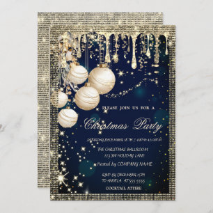 Elegant Christmas Balls Drips Gold Blue Christmas  Invitation