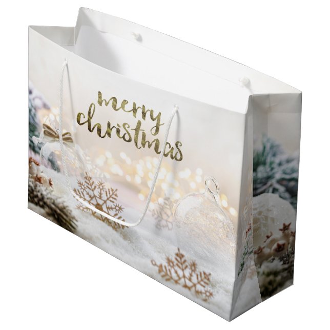 Elegant Christmas Balls Gold Snowflakes Holiday  Large Gift Bag (Front Angled)