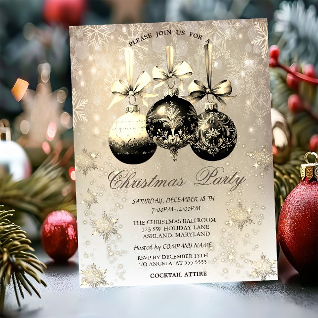 Elegant Christmas Balls Snowflakes Gold  Invitation (Creator Uploaded)