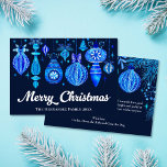 Elegant Christmas Baubles Navy Blue Watercolor Holiday Card<br><div class="desc">This elegant Christmas card design hand painted in blue watercolor features several different Christmas ornaments, bows, christmas foliage and sparkles against a dark navy blue background. On the back are more ornaments with blue pine branches with space for you to write a heartfelt message to your friends or family. See...</div>