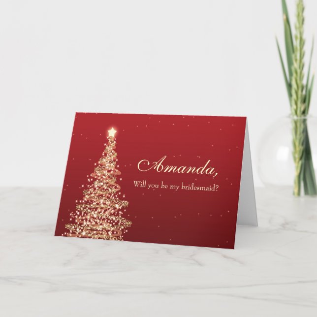 Elegant Christmas Be My Bridesmaid Red Gold Invitation (Front)