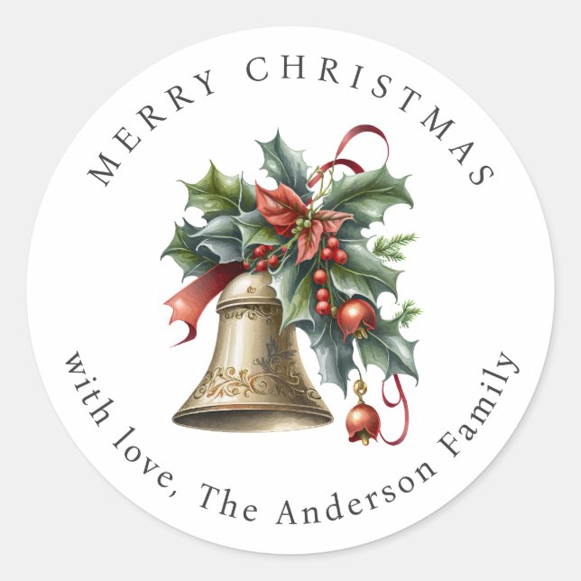 Elegant Christmas Bell Holly Berries Holiday Classic Round Sticker (Front)
