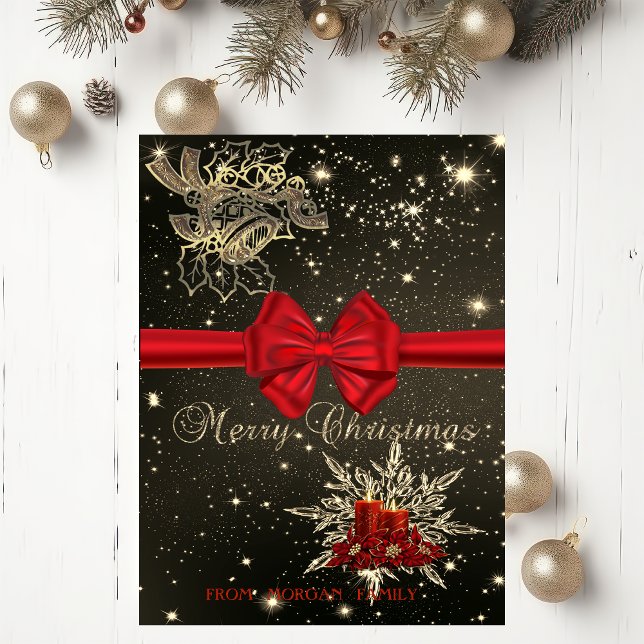Elegant Christmas Bells,Candles,Red Bow Holiday Card (Creator Uploaded)