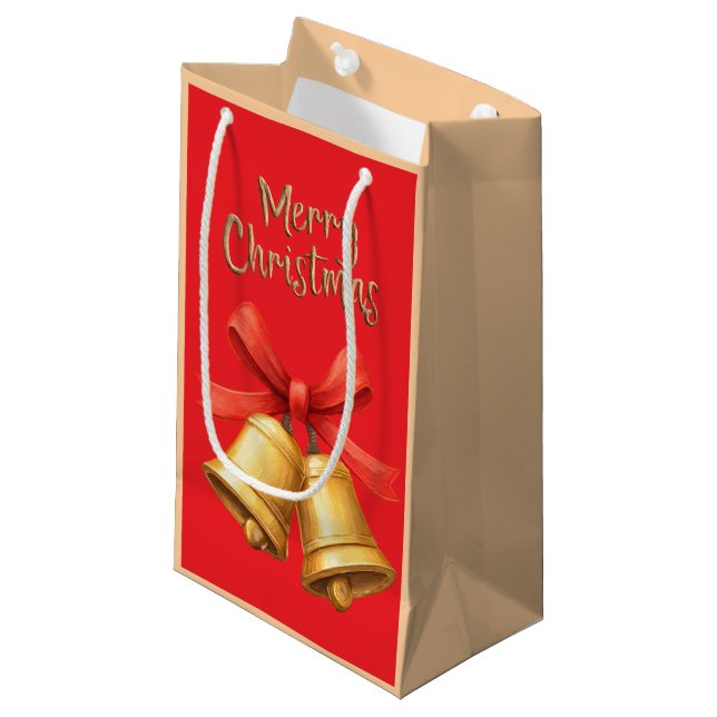 Elegant Christmas Bells Red Holiday Art Small Gift Bag (Front Angled)
